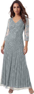 Roaman's Plus Size Beaded V Neck 3/4 Sleeve Sleeve Maxi Gown