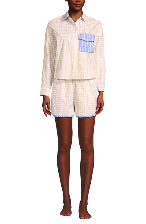 Cotton Poplin 2 Piece Pajama Set - Long Sleeve Top and Shorts with Piping