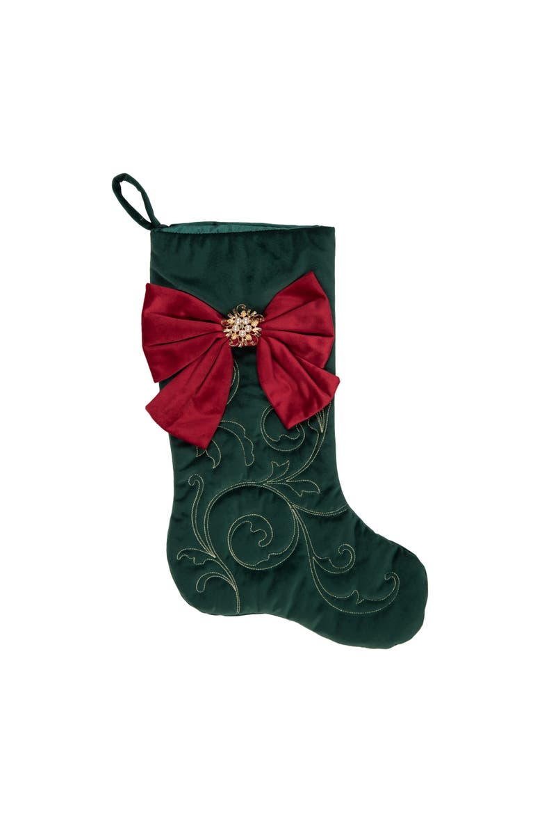 Fancy Red Bow on Floral Botanical Christmas Stocking, Main, color, Green