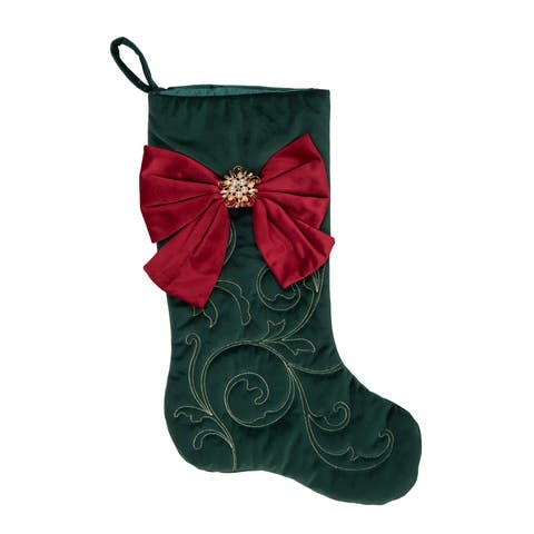 Fancy Red Bow on Floral Botanical Christmas Stocking
