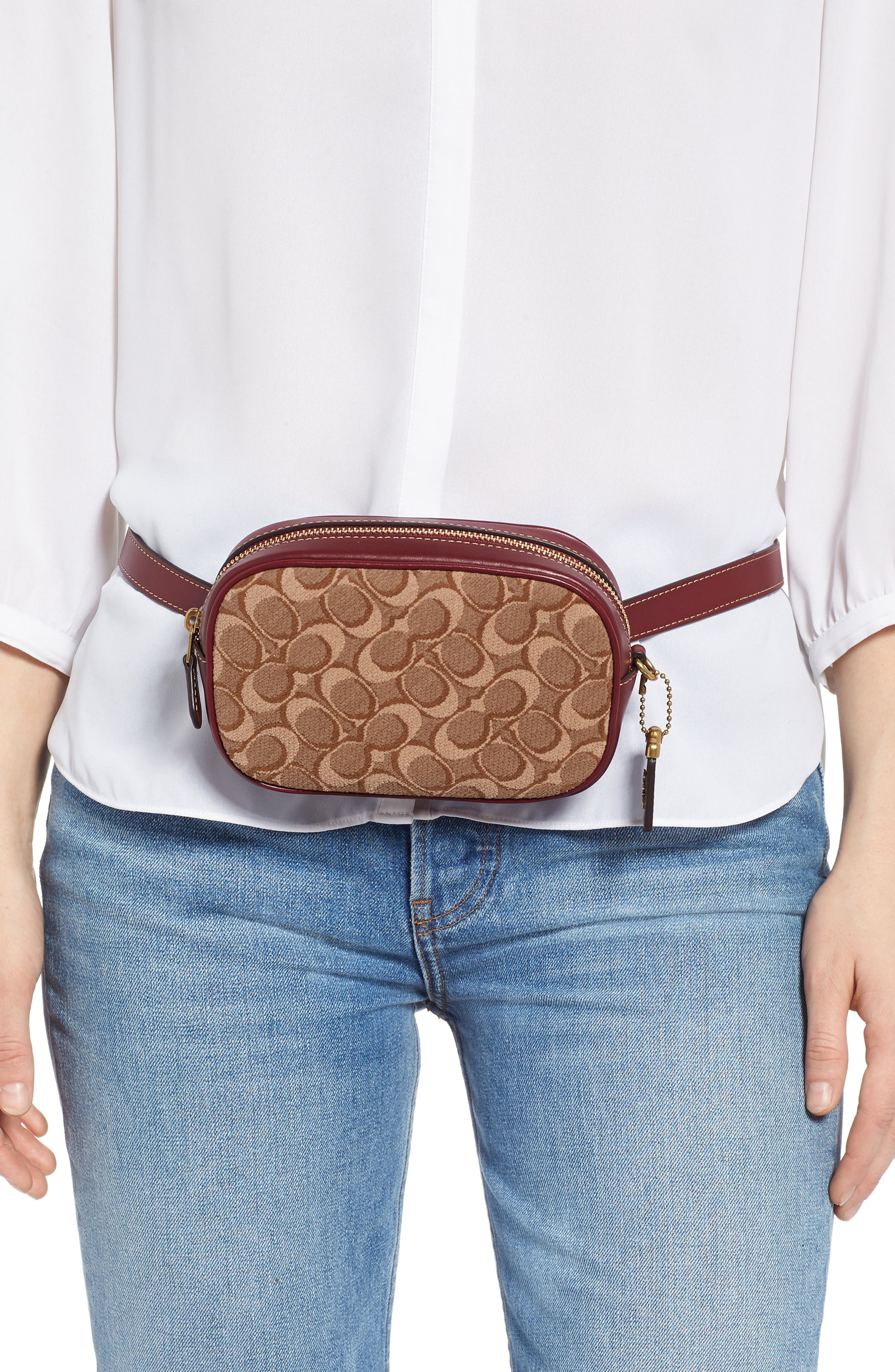 COACH Signature Jacquard & Leather Belt Bag, Alternate, color, 