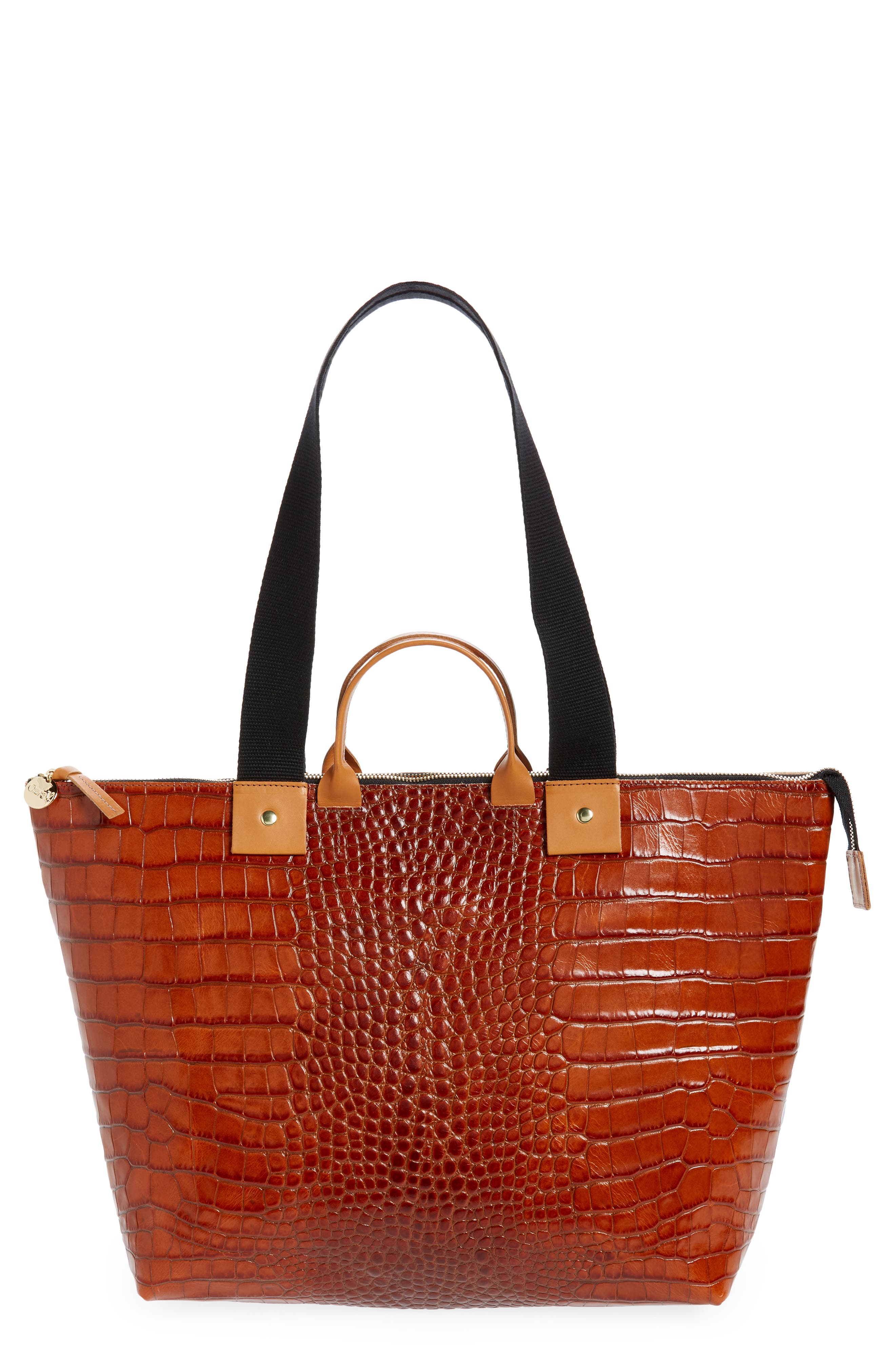 Clare V. Le Zip Sac Croc Embossed Leather Tote, Main, color, 