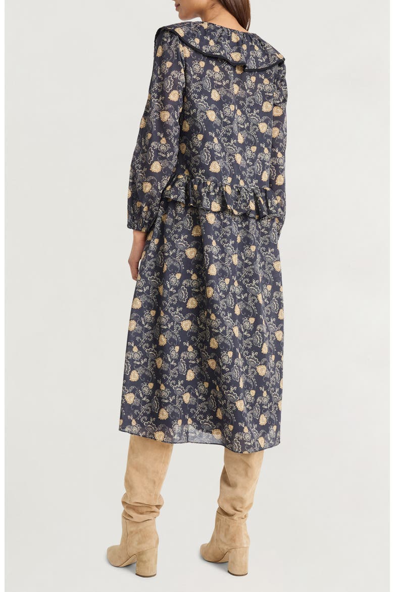 Ruffle Floral Print Long Sleeve Cotton Midi Dress, Alternate, color, BLACK/ TAUPE/ CREAM