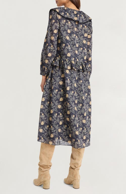 The Good Journey Ruffle Floral Print Long Sleeve Cotton Midi Dress In Black