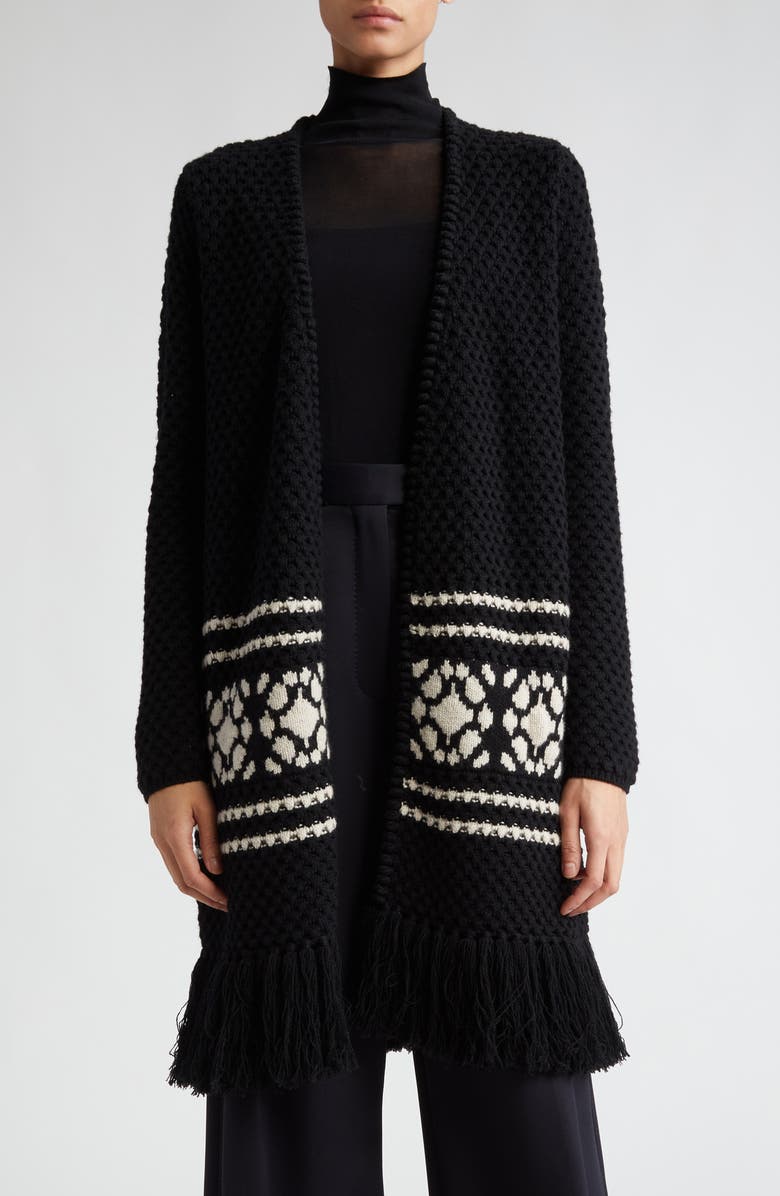 Max Mara Orione Longline Tie Waist Fringe Trim Wool & Cashmere Cardigan, Main, color, Black