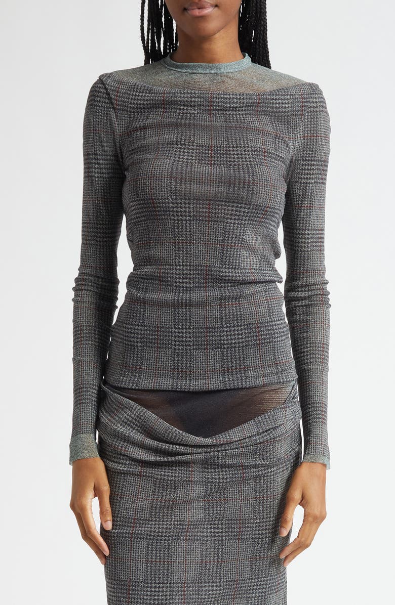 Jean Paul Gaultier The Prince of Wales Plaid Tulle Top, Main, color, Light Grey/ Vanilla/ Red