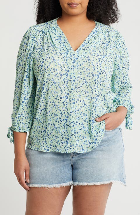 Ditsy Floral V-Neck Long Sleeve Top (Plus)