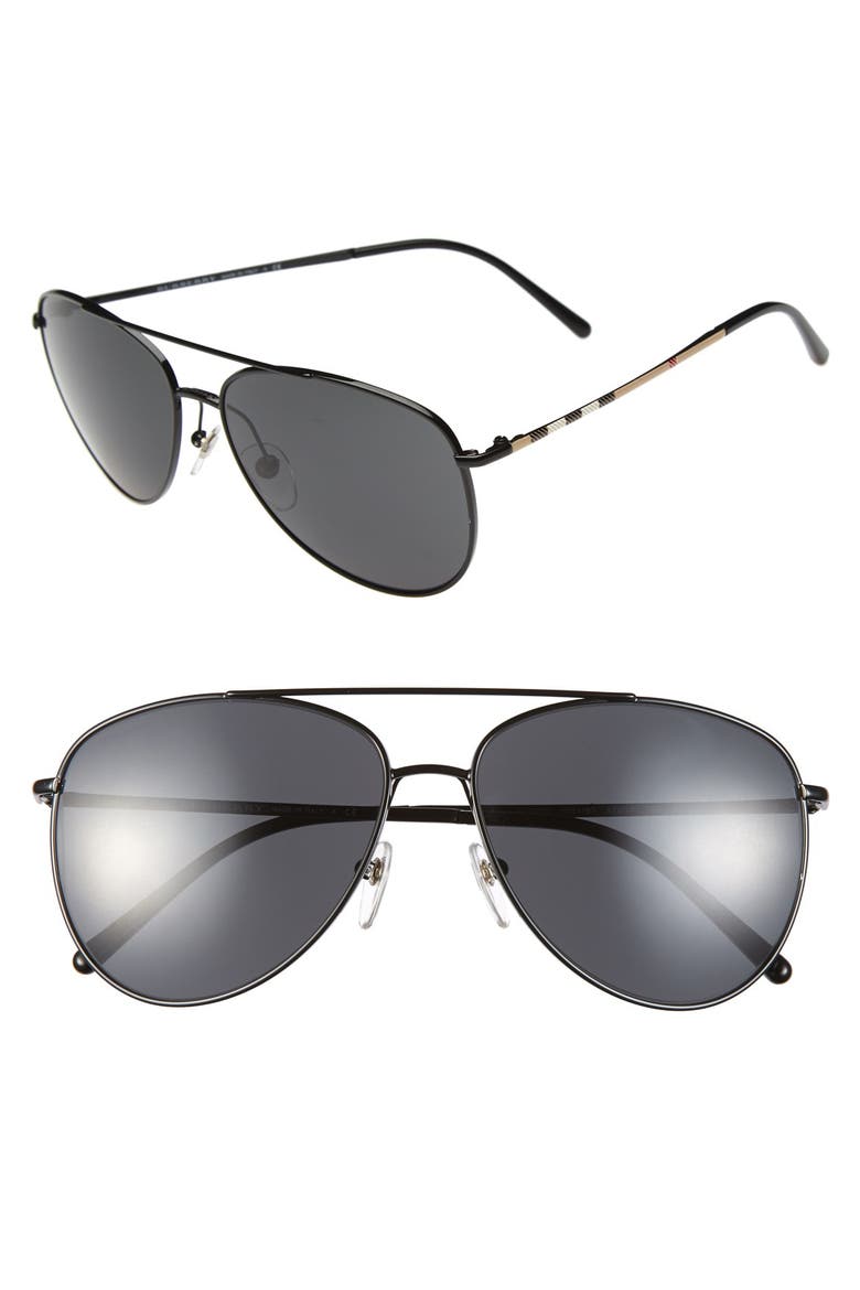 'House Check Foil' 57mm Aviator Sunglasses, Main, color, BLACK