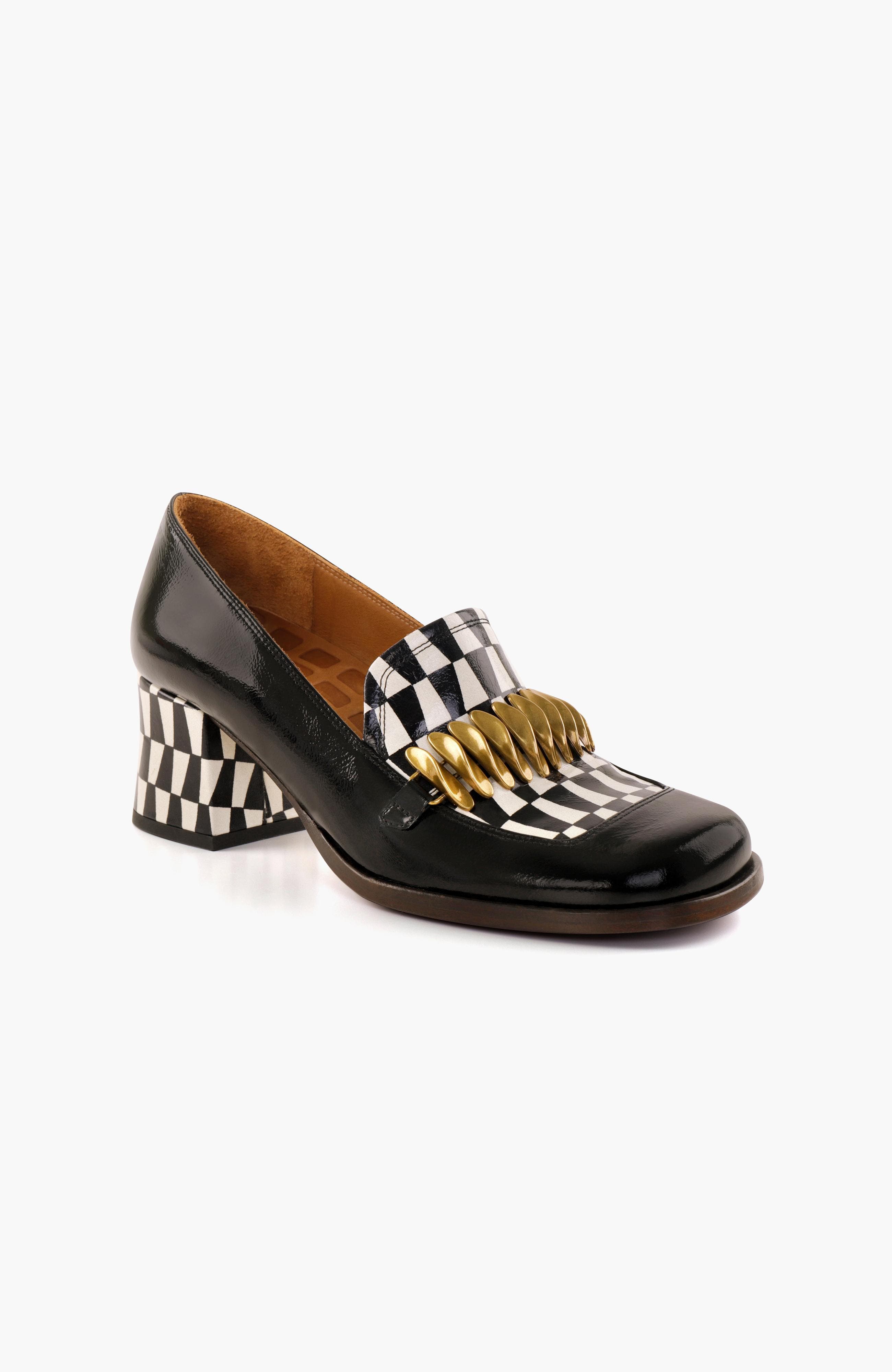 TIBRO Plaid print patent leather heeled Loafers, Alternate, color, Black and white