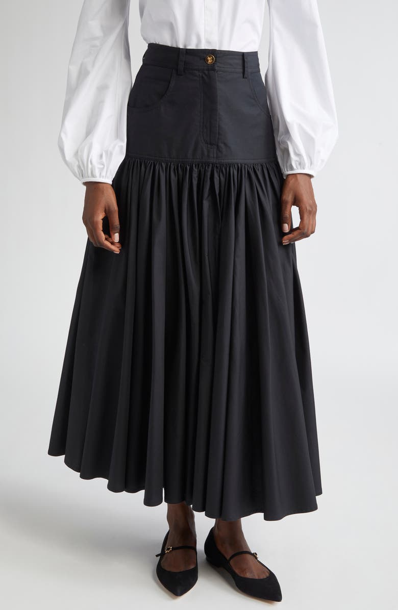 Giambattista Valli Pleated Poplin & Denim Midi Skirt, Main, color, Black