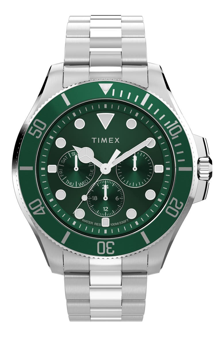 Harborside Coast Multifunction 43mm Stainless Steel Bracelet Watch, Main, color, GREEN/ SILVER-TONE