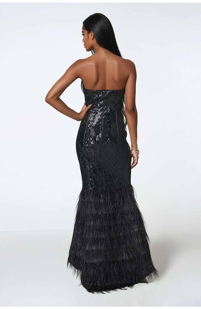 bebe Sequin Feather Gown, Alternate, color, Black