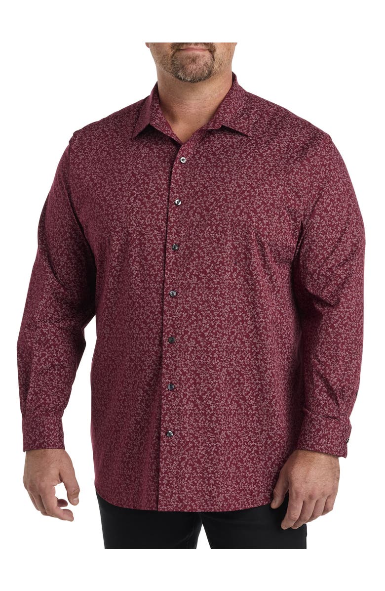 Synrgy by DXL Big & Tall Leaf Print Sport Shirt, Alternate, color, Burgundy