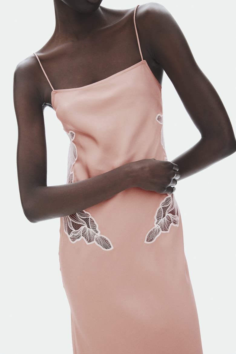 Lace-detail Satin Dress With Scarf, Alternate, color, Dusty beige/white