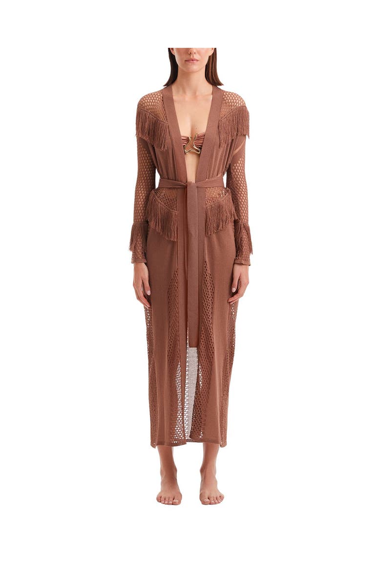 Itzel Knitted Mesh Long-Sleeve Kaftan, Main, color, Brown
