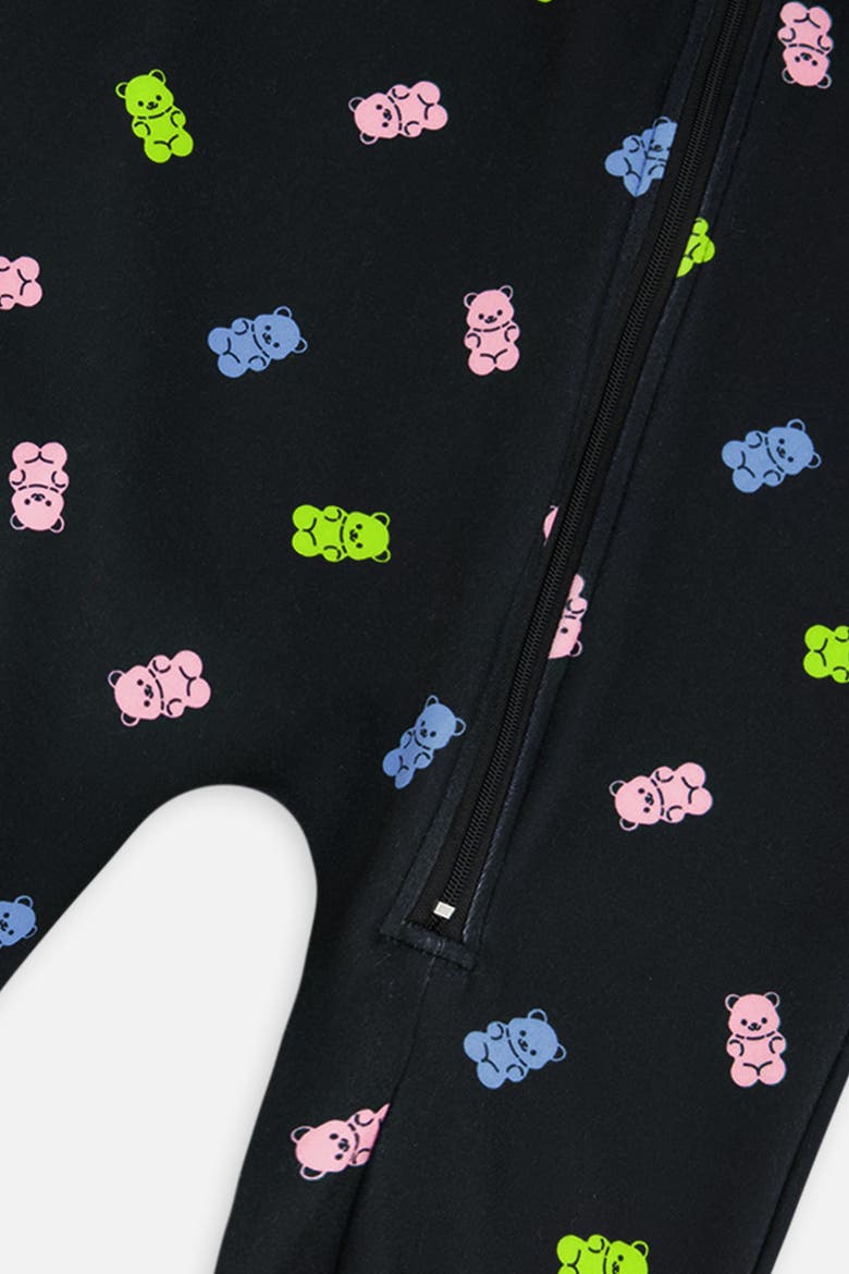 One Piece Gummy Bears Fleece Zipper Asymmetric Thermal Underwear, Alternate, color, Black Printed Gummy Bears