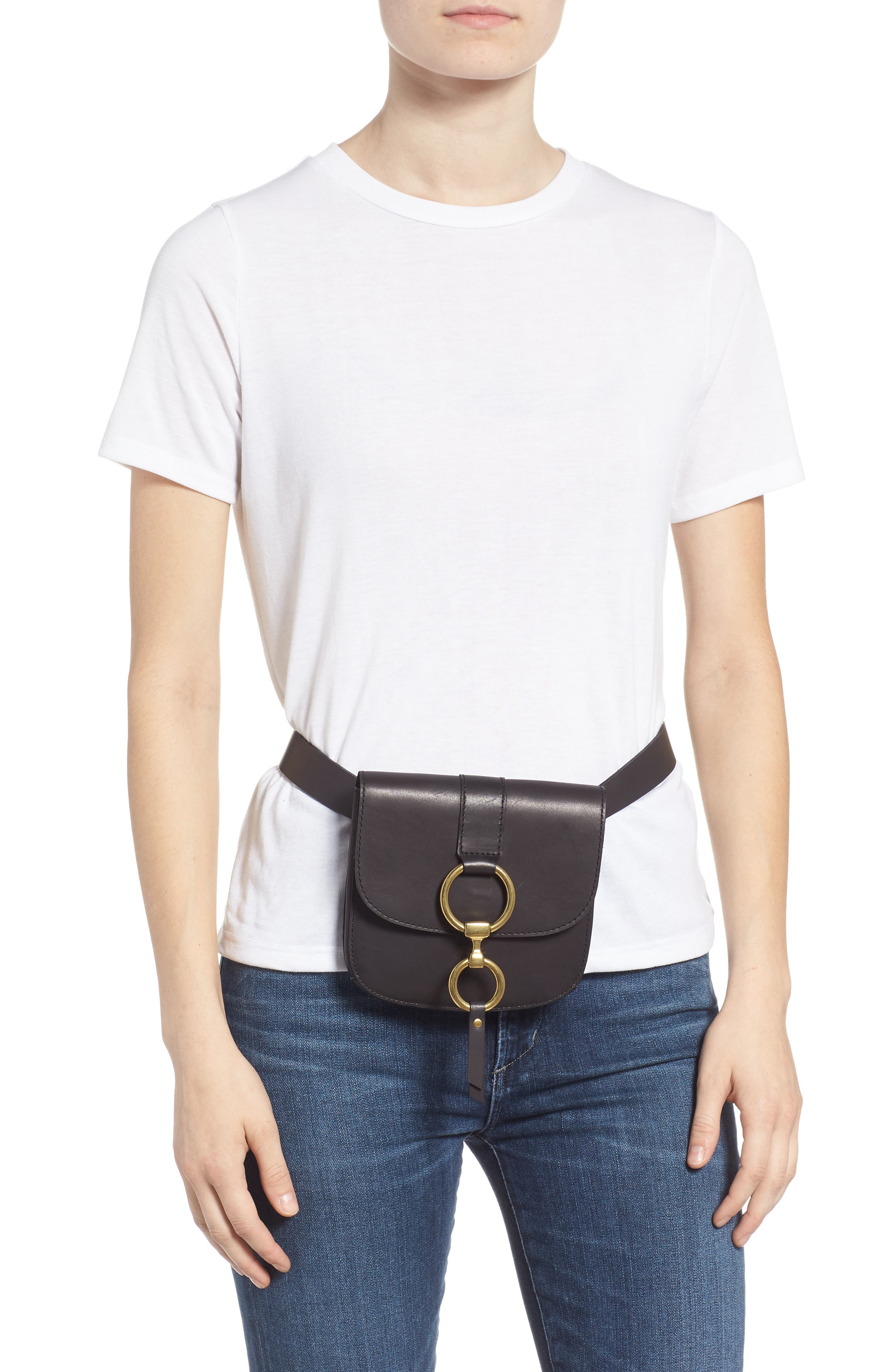 Leather Belt Bag, Alternate, color, BLACK/ ECRU STITCH