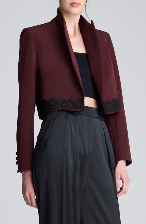Kenneth Cole Luxe Twill Fitted Cropped Blazer With Lace Trim In Burgundy