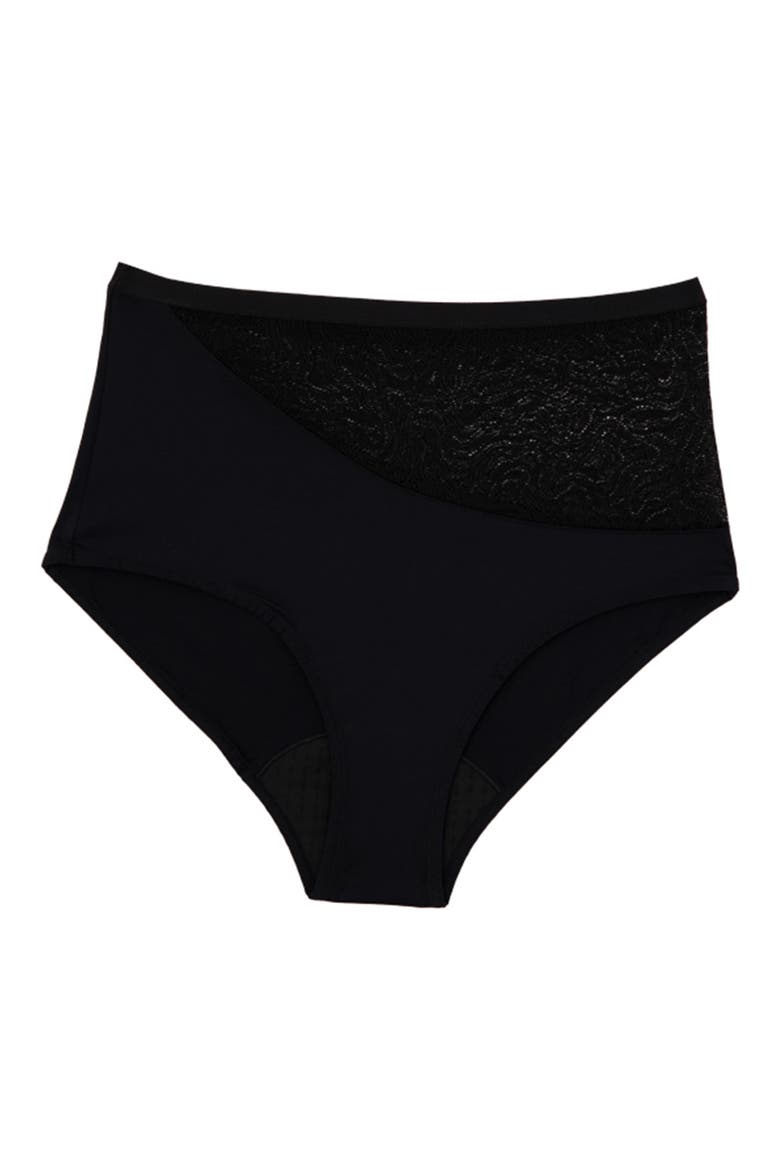 Period & Leakproof Regular Absorbency Lace Panel High Waist Briefs, Alternate, color, VOLCANIC BLACK