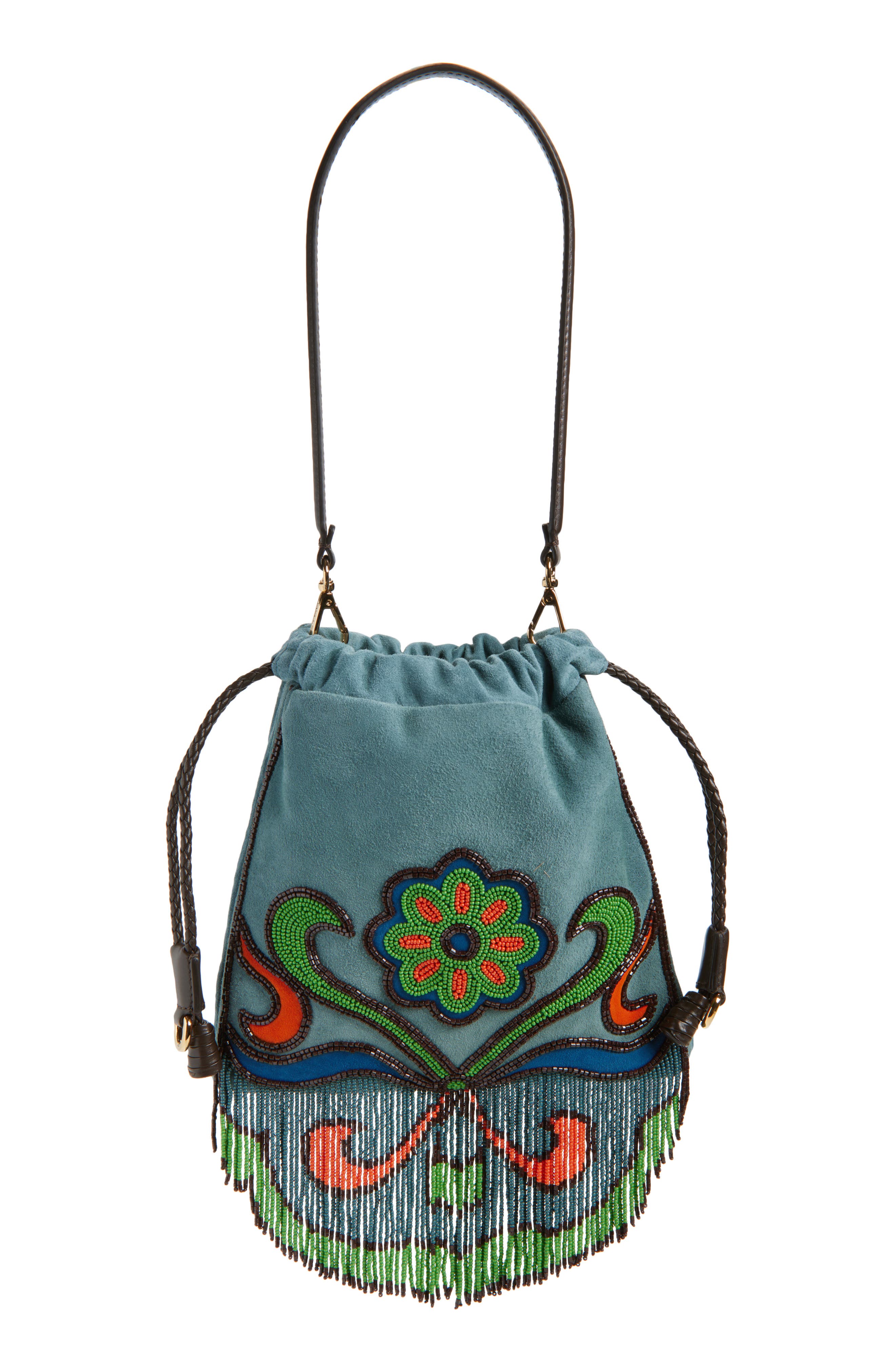 Etro Kalispera Beaded Fringe Suede Shoulder Bag, Main, color, Rosa Antico