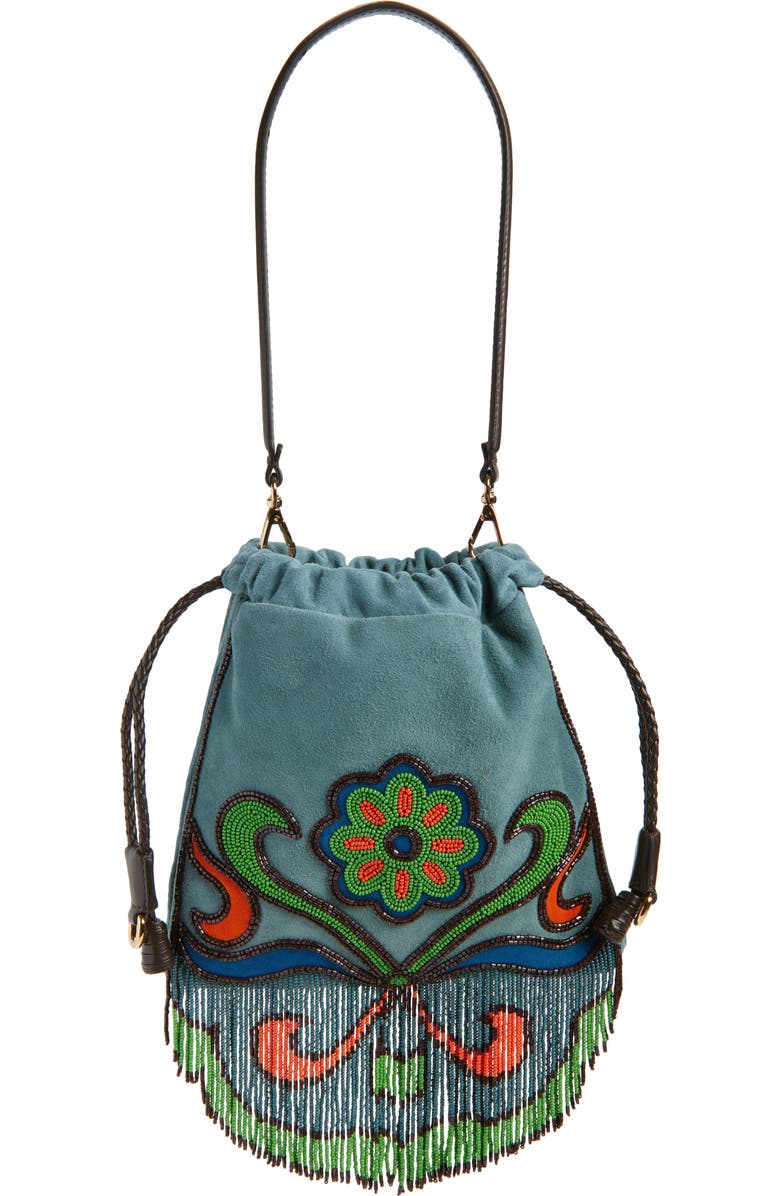 Etro Kalispera Beaded Fringe Suede Shoulder Bag, Main, color, Rosa Antico