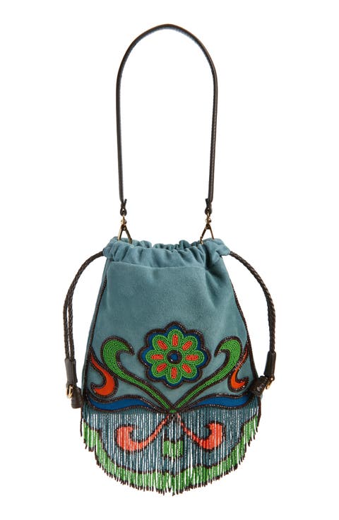 Kalispera Beaded Fringe Suede Shoulder Bag