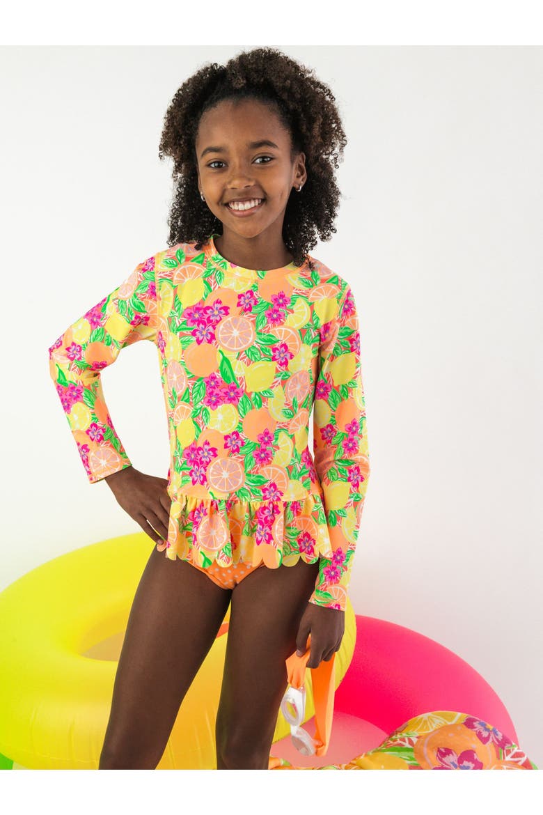 Scallop Hem Long Sleeve Rash Guard 2-Piece Bikini Swimsuit, Alternate, color, Neon Squeeze the Day