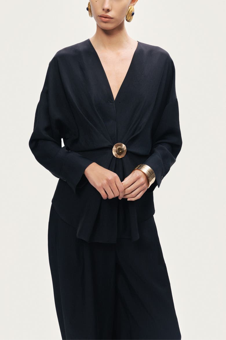 Draped Buckle-Detail Shirt, Alternate, color, Black
