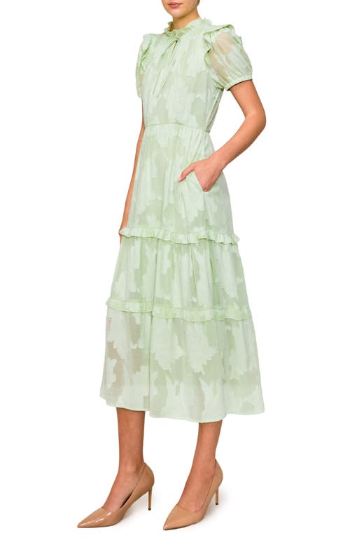 Melloday Tie Keyhole Puff Sleeve Tiered Midi Dress In Light Sage