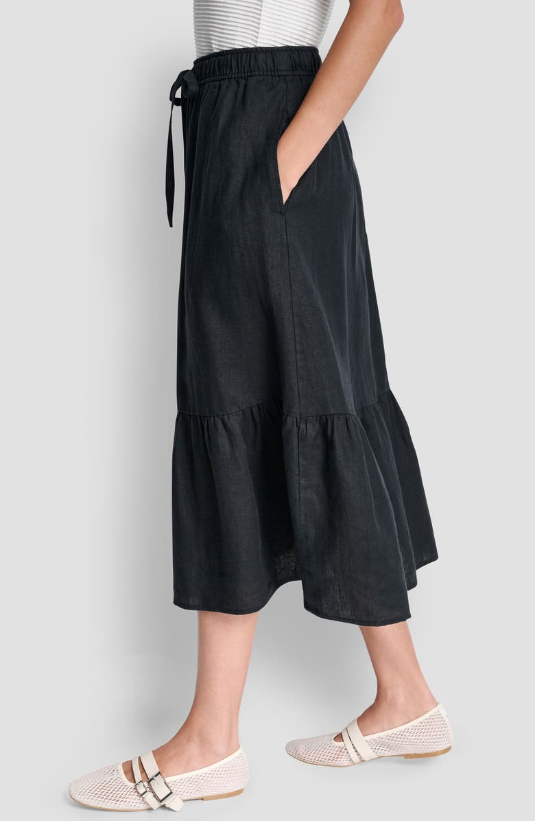 DKNY Drawstring Waist Linen Midi Skirt, Alternate, color, Black