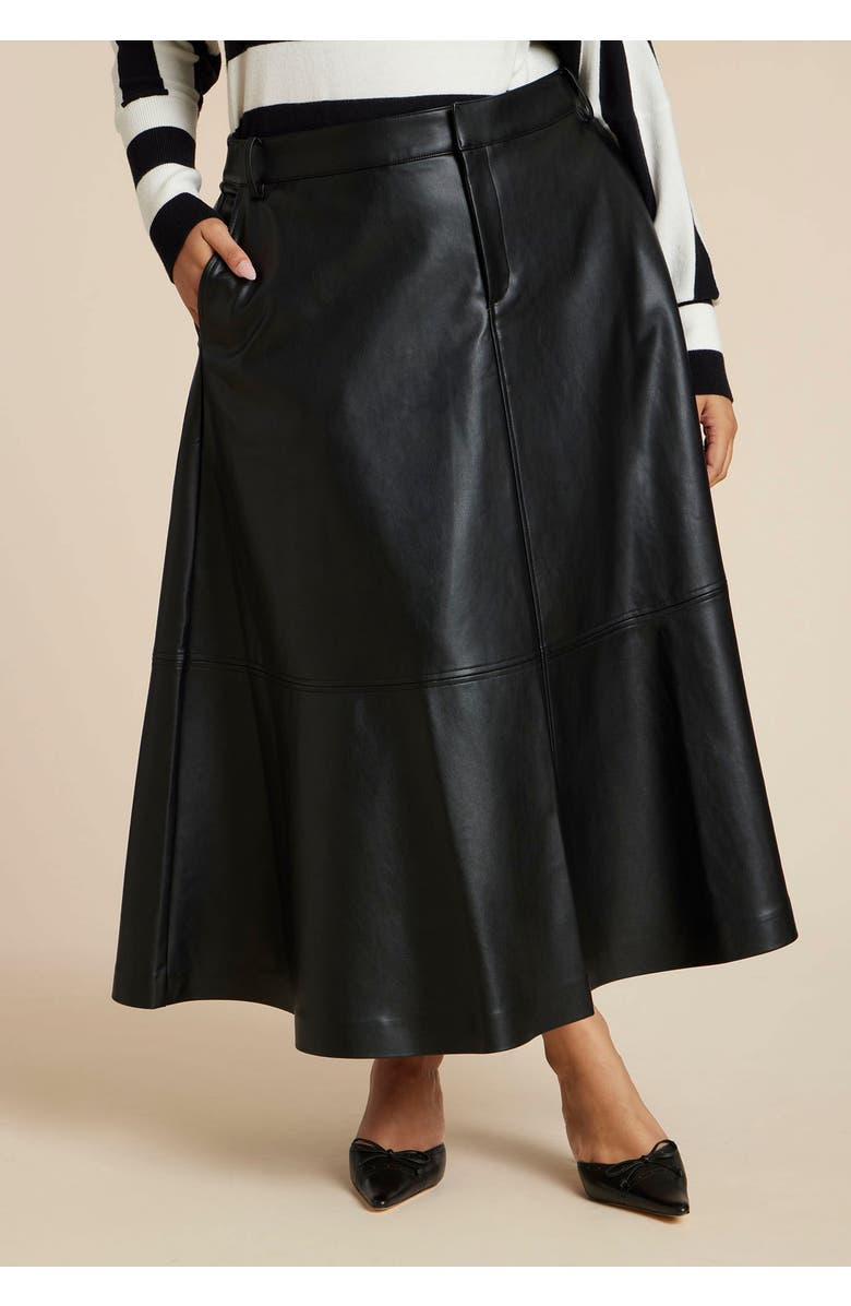 ELOQUII Faux Leather Midi Skirt, Alternate, color, Black Onyx