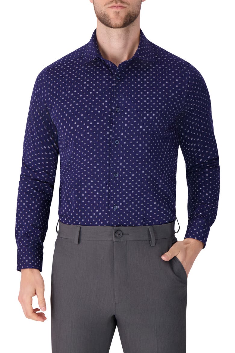 Regular Fit Navy Geometric Print Knit Cotton Dress Shirt, Main, color, NAVY
