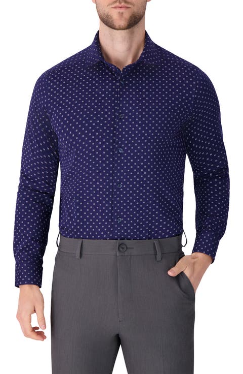 Regular Fit Navy Geometric Print Knit Cotton Dress Shirt