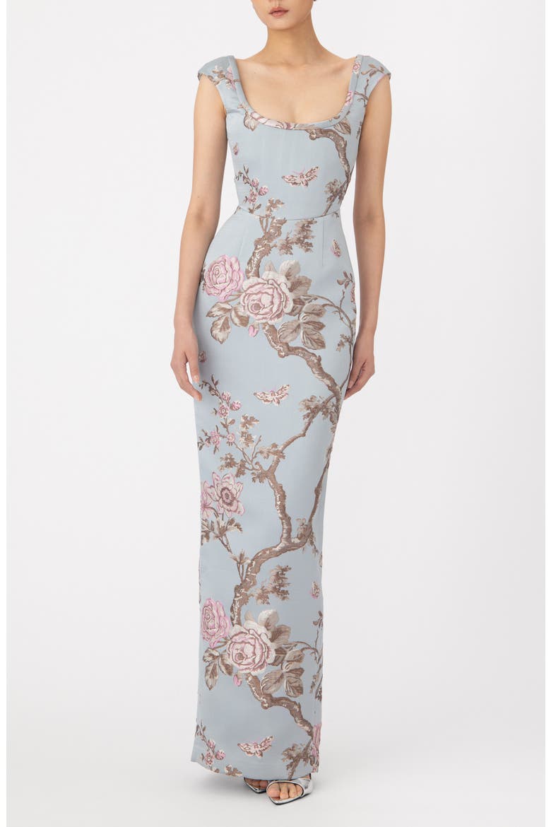 Brooke Floral Brocade Column Gown, Main, color, BLUE ASH
