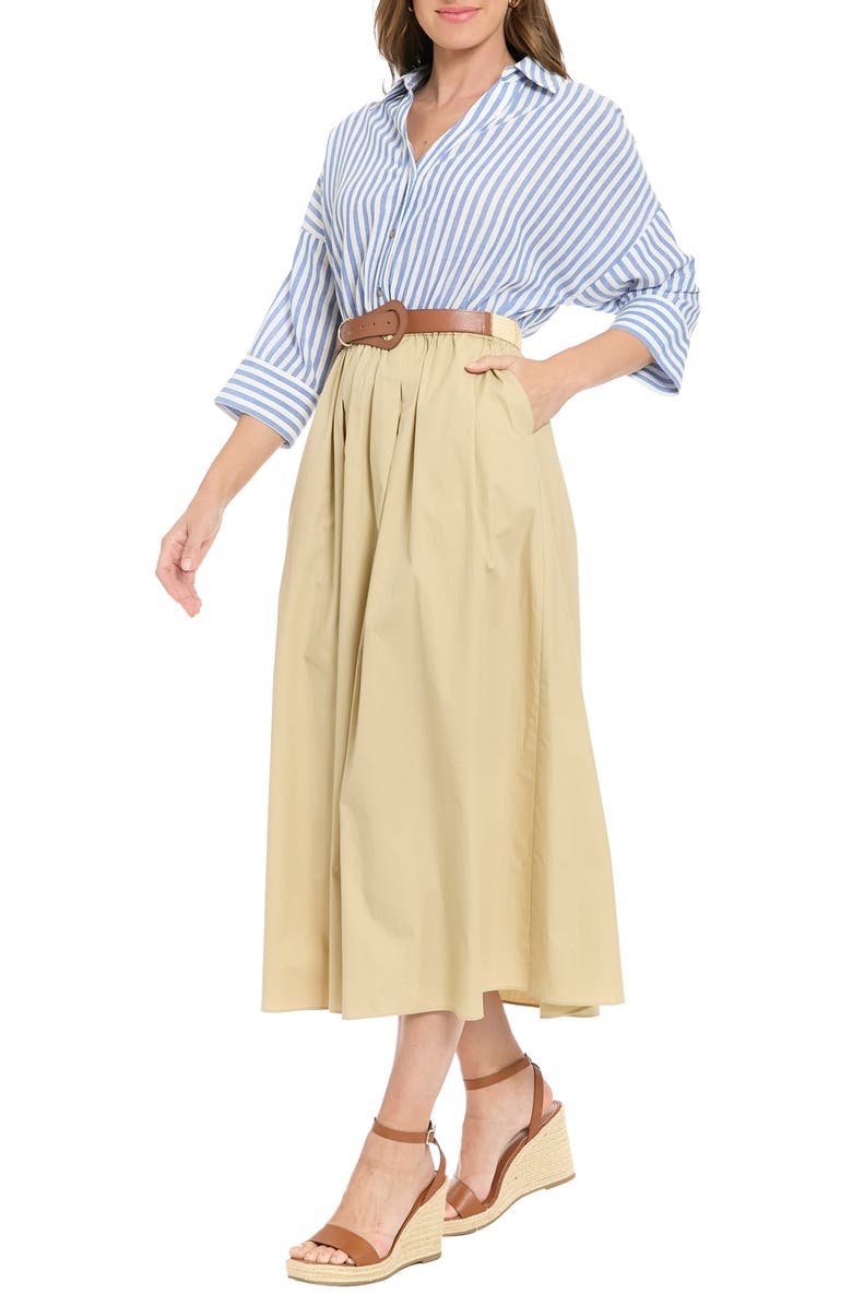 London Times Belted Twofer Midi Dress, Alternate, color, Khaki/ Blue/ White