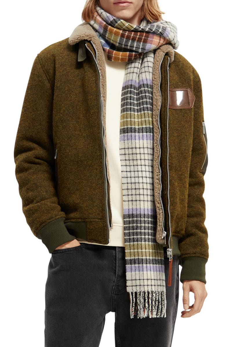 Scotch & Soda Faux Shearling Lined Mélange Wool Blend Aviator Jacket, Main, color, 0813-Military Melange