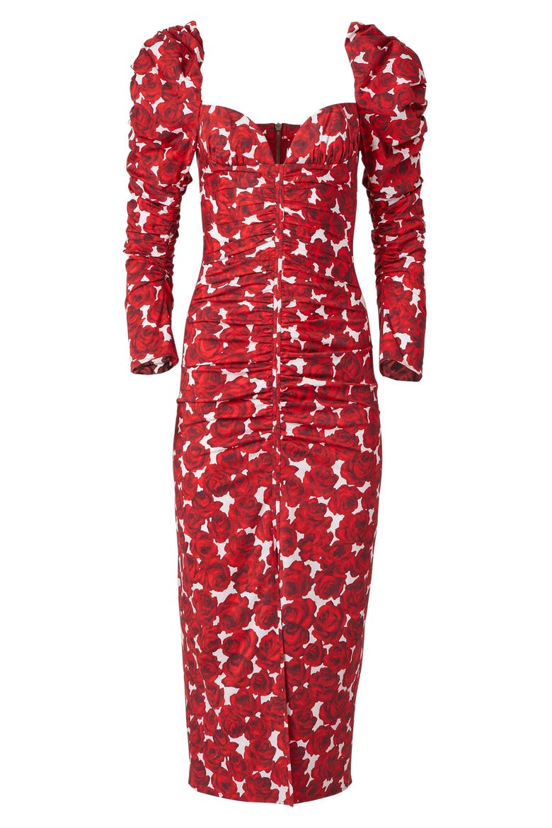 Rose Print Juliet Sleeve Sheath Dress, Alternate, color, ICON RED MULTI
