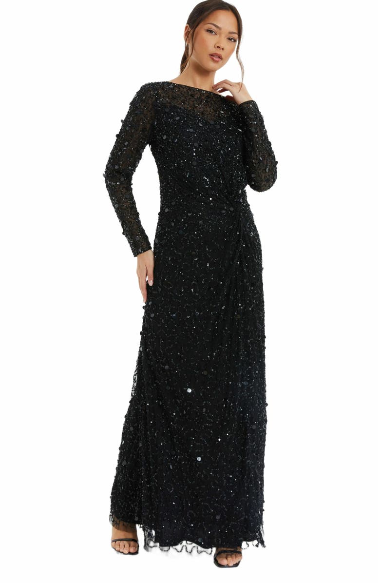 QUIZ Embellished Twist Detail Evening Dress, Main, color, 