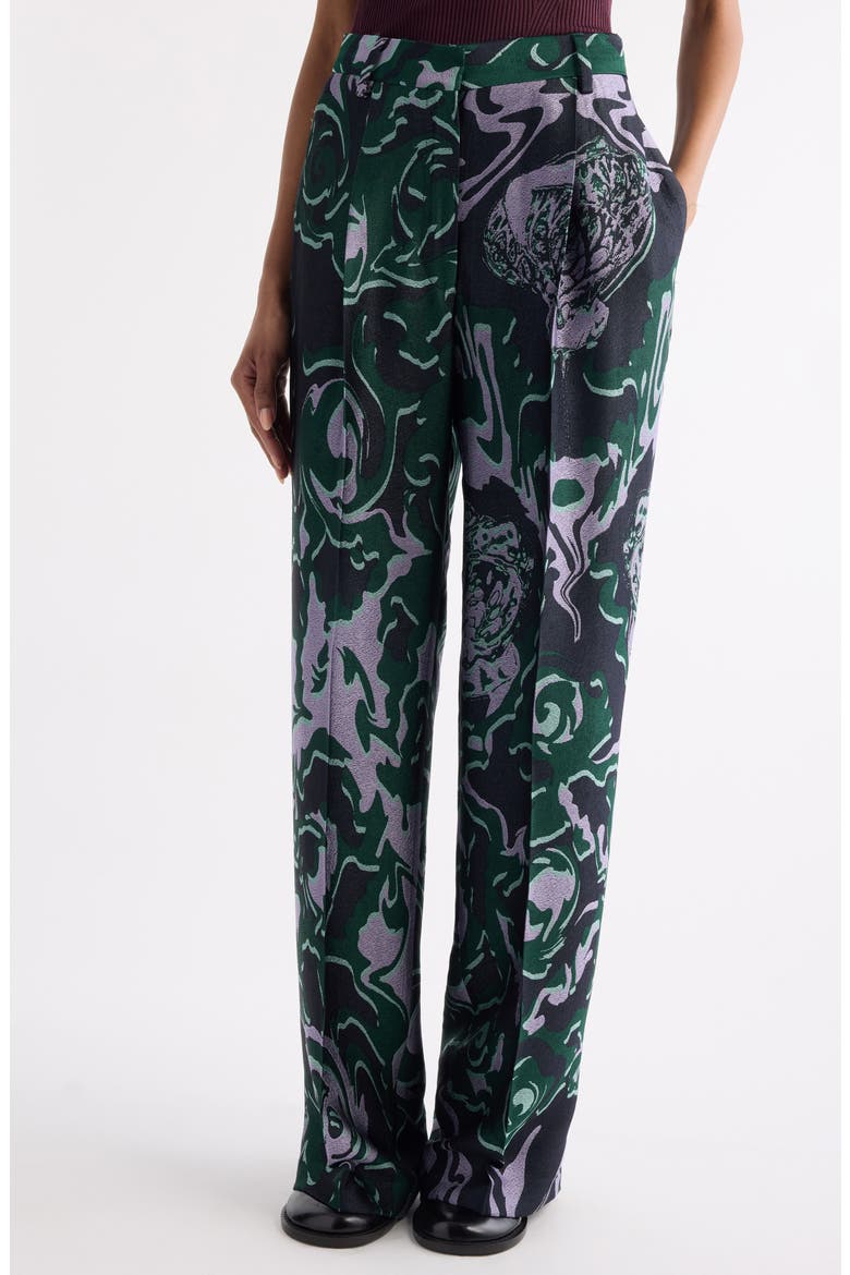 Bastis Abstract Floral Jacquard Pleated Crepe Straight Leg Pants, Alternate, color, DARK GREEN