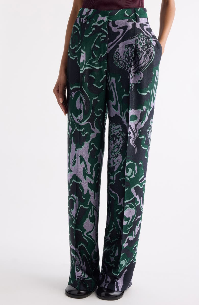 Dries Van Noten Bastis Abstract Floral Jacquard Pleated Crepe Straight Leg Pants, Alternate, color, Dark Green