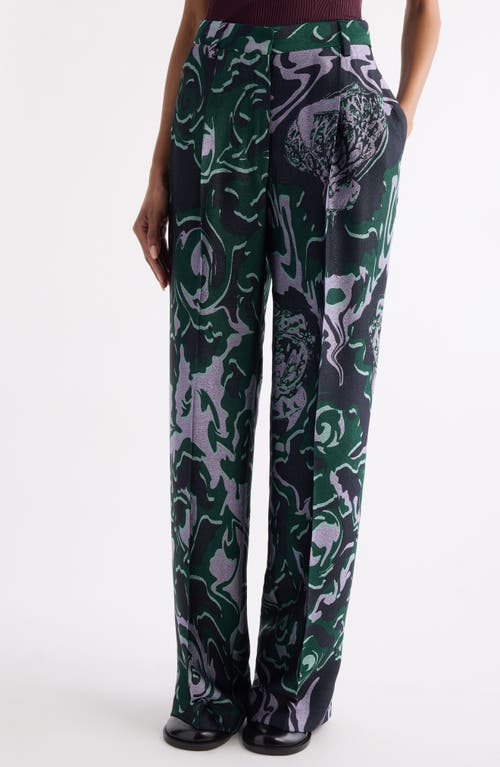 Dries Van Noten Bastis Abstract Floral Jacquard Pleated Crepe Straight Leg Pants In Green