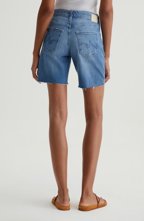 Ag Ex-boyfriend Distressed Raw Hem Mid Length Denim Shorts In Blue