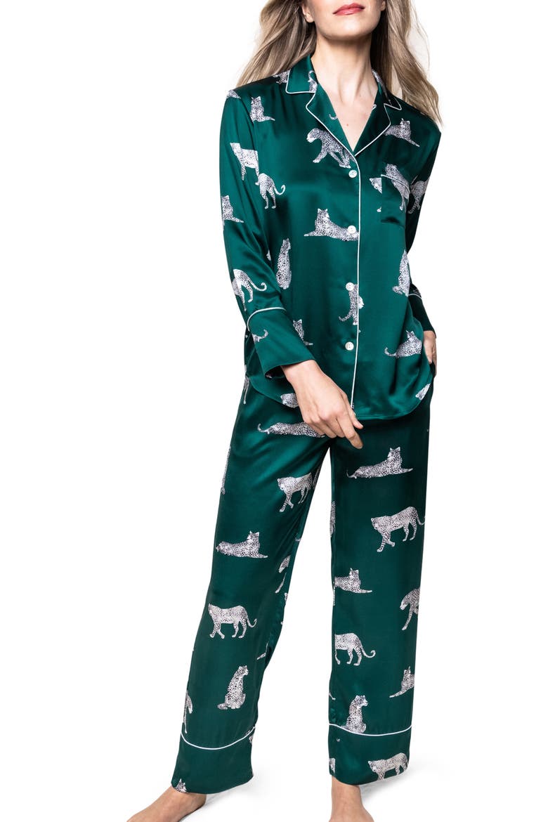 Panthre de Nuit Piped Mulberry Silk Pajamas, Main, color, GREEN