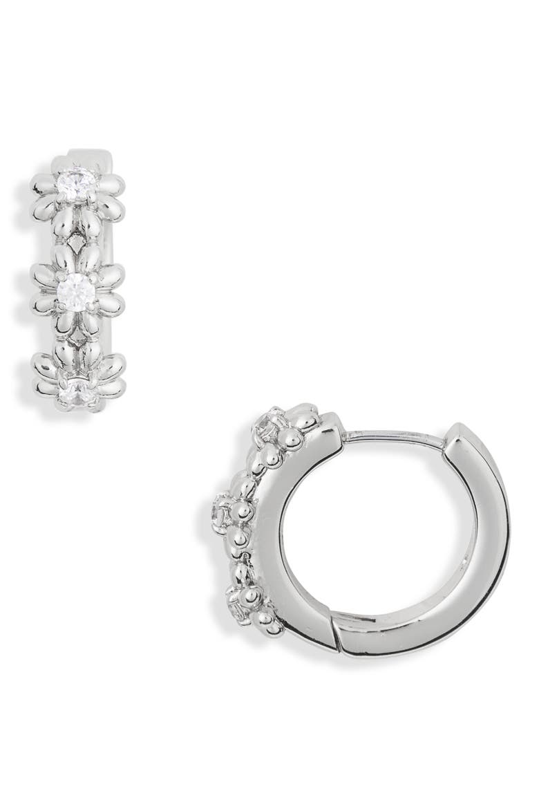 flower cubic zirconia huggie hoop earrings, Alternate, color, CLEAR/ SILVER