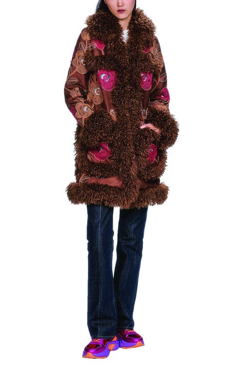Anna Sui Poiret Rose Embroidered Faux Suede Faux Fur Trim Coat In Multi