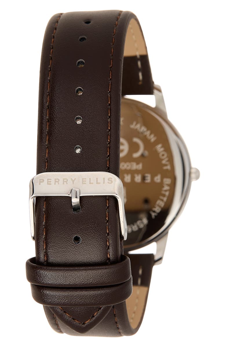 Perry Ellis Solar 3-Hand Quartz Diamond Solitaire Faux Leather Strap Watch, 41mm, Alternate, color, Silver/ Beige