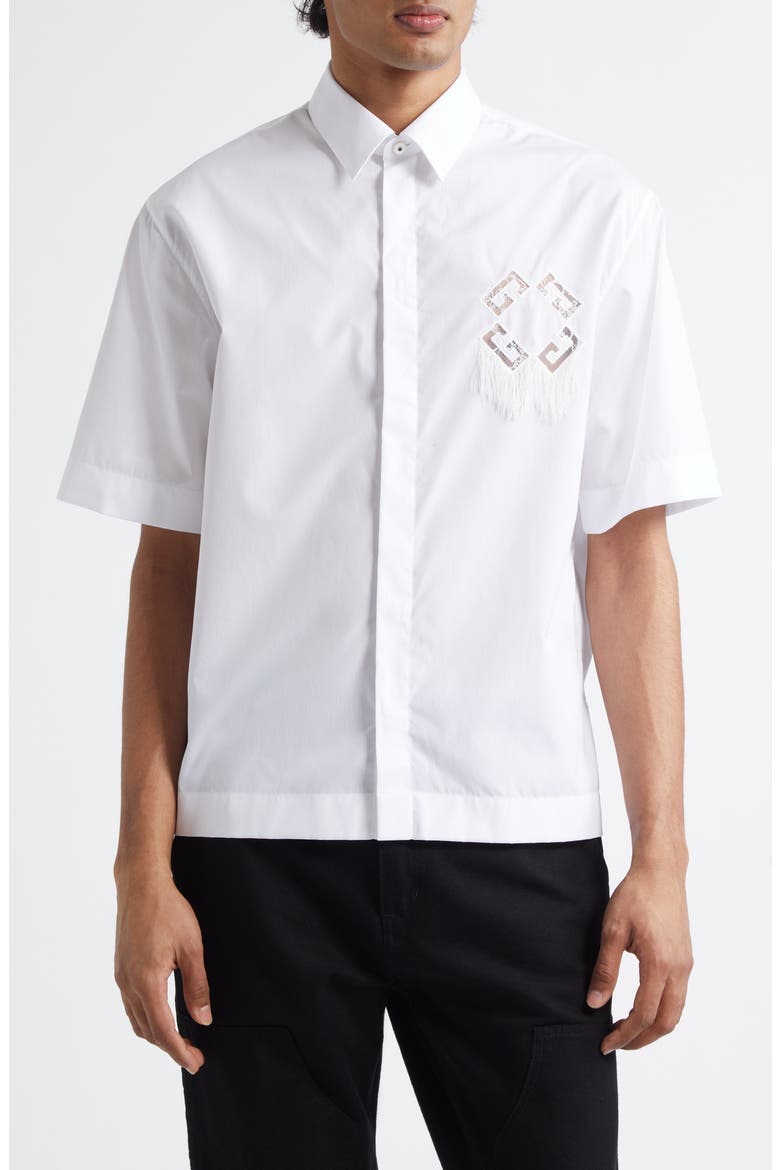 Dripping Cutout Logo Short Sleeve Cotton Button-Up Shirt, Main, color, WHITE