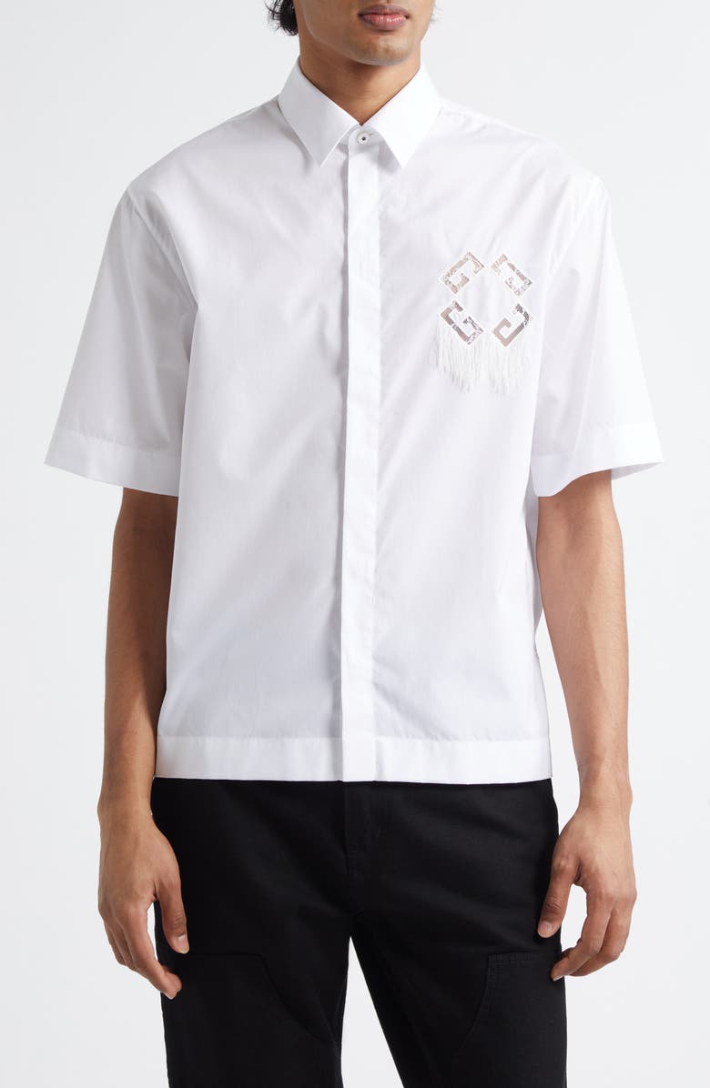 Givenchy Dripping Cutout Logo Short Sleeve Cotton Button-Up Shirt, Main, color, White