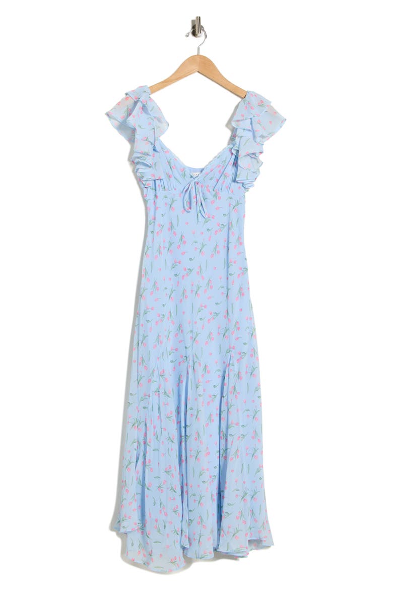 Floral Flutter Sleeve Flare Hem Midi Dress, Alternate, color, BLUE PINK