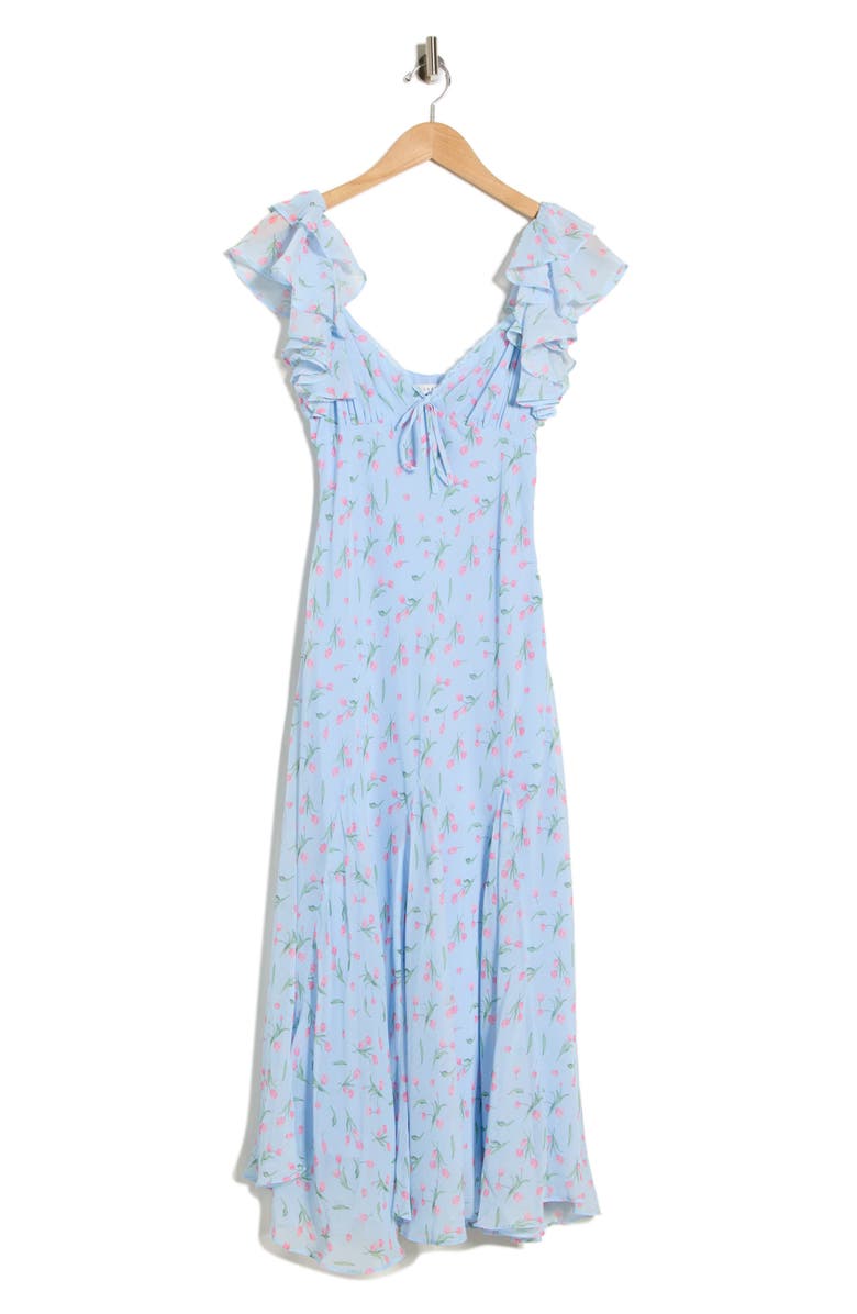 Lush Floral Flutter Sleeve Flare Hem Midi Dress, Alternate, color, Blue Pink